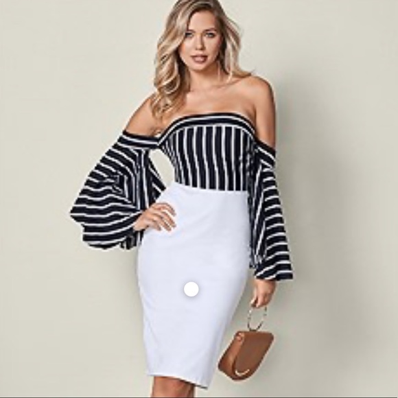 VENUS Sleeve Detail Midi Dress Nvy Blue/Wht Size:8 - Picture 2 of 7